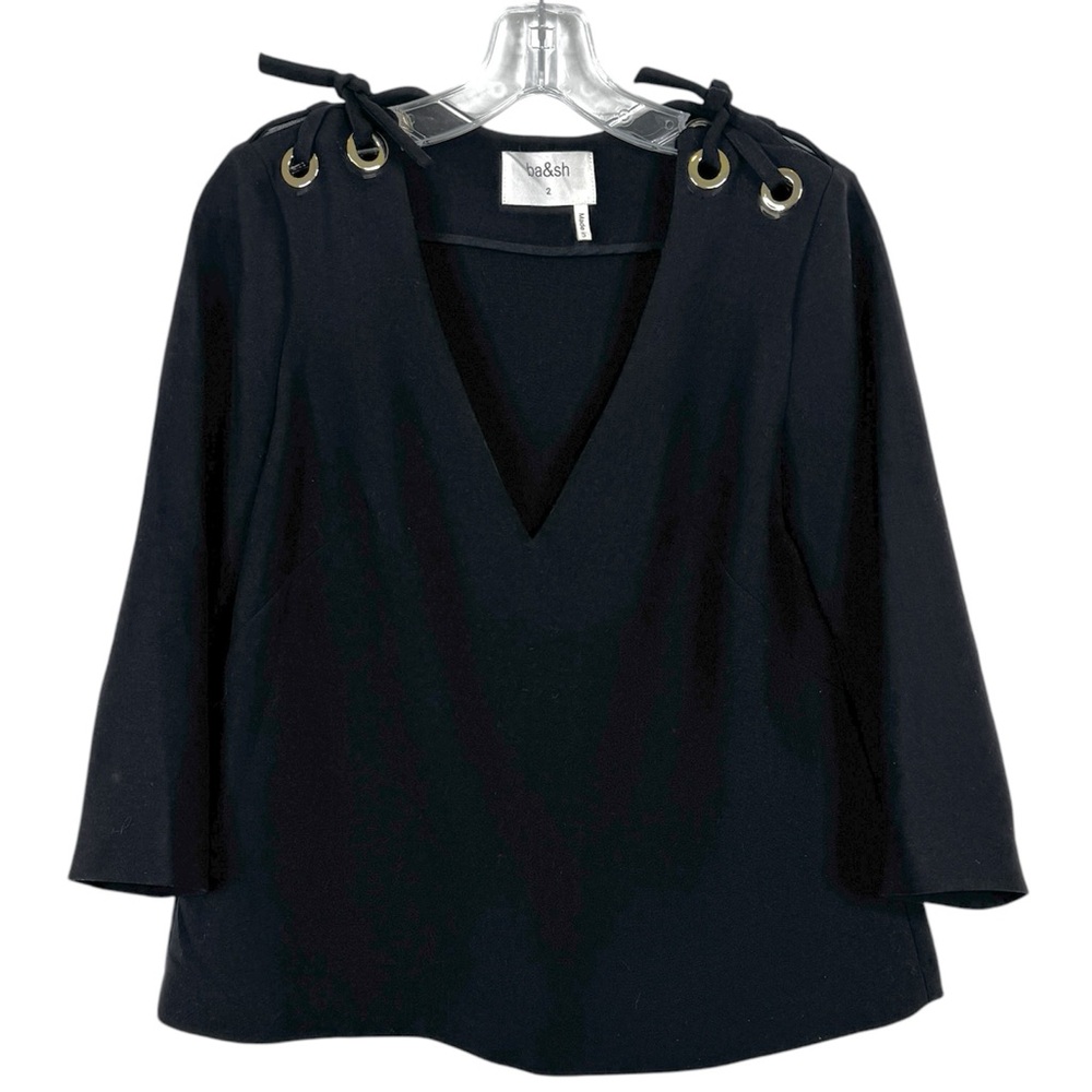 BA&SH Moka Lady Top Tie Shoulder Grommet Top Black Size M